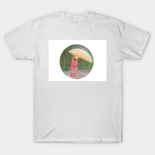 Girl walking in the rain and having fun with the water puddles T-Shirt